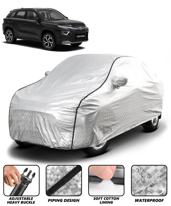Carzex Waterproof & Heat Resistant Metallic Silver With Black Border Car Body Cover with Mirror Pockets For Toyota Hyryder
